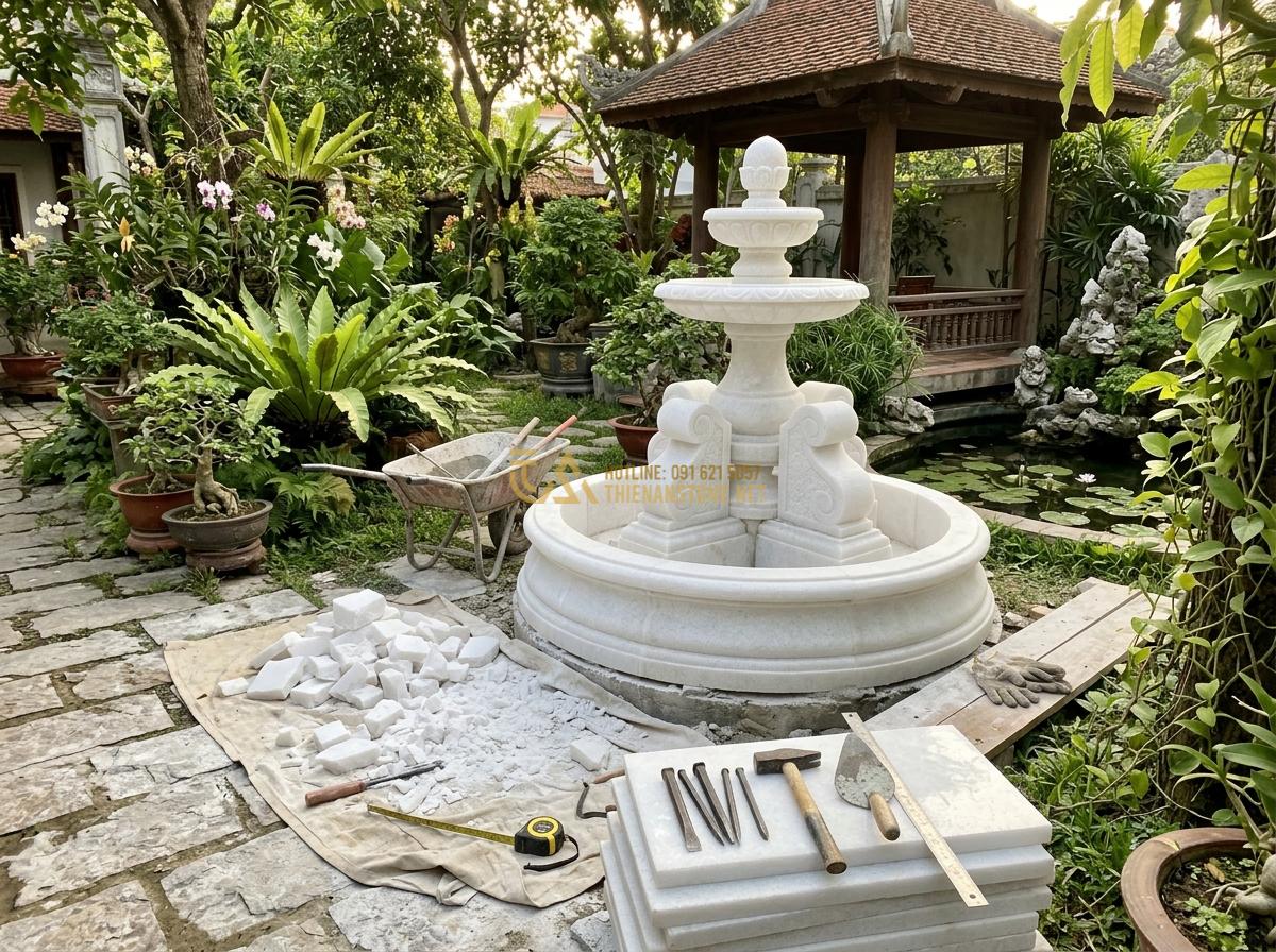 Top Đài Phun Nước Đá Trắng & Đá Cẩm Thạch Sang Trọng Dành Cho Không Gian Hiện Đại - Hình 19 Top Đài Phun Nước Đá Trắng & Đá Cẩm Thạch Sang Trọng Dành Cho Không Gian Hiện Đại - Professional landscape team from Da Canh Thien An company working on custom ston