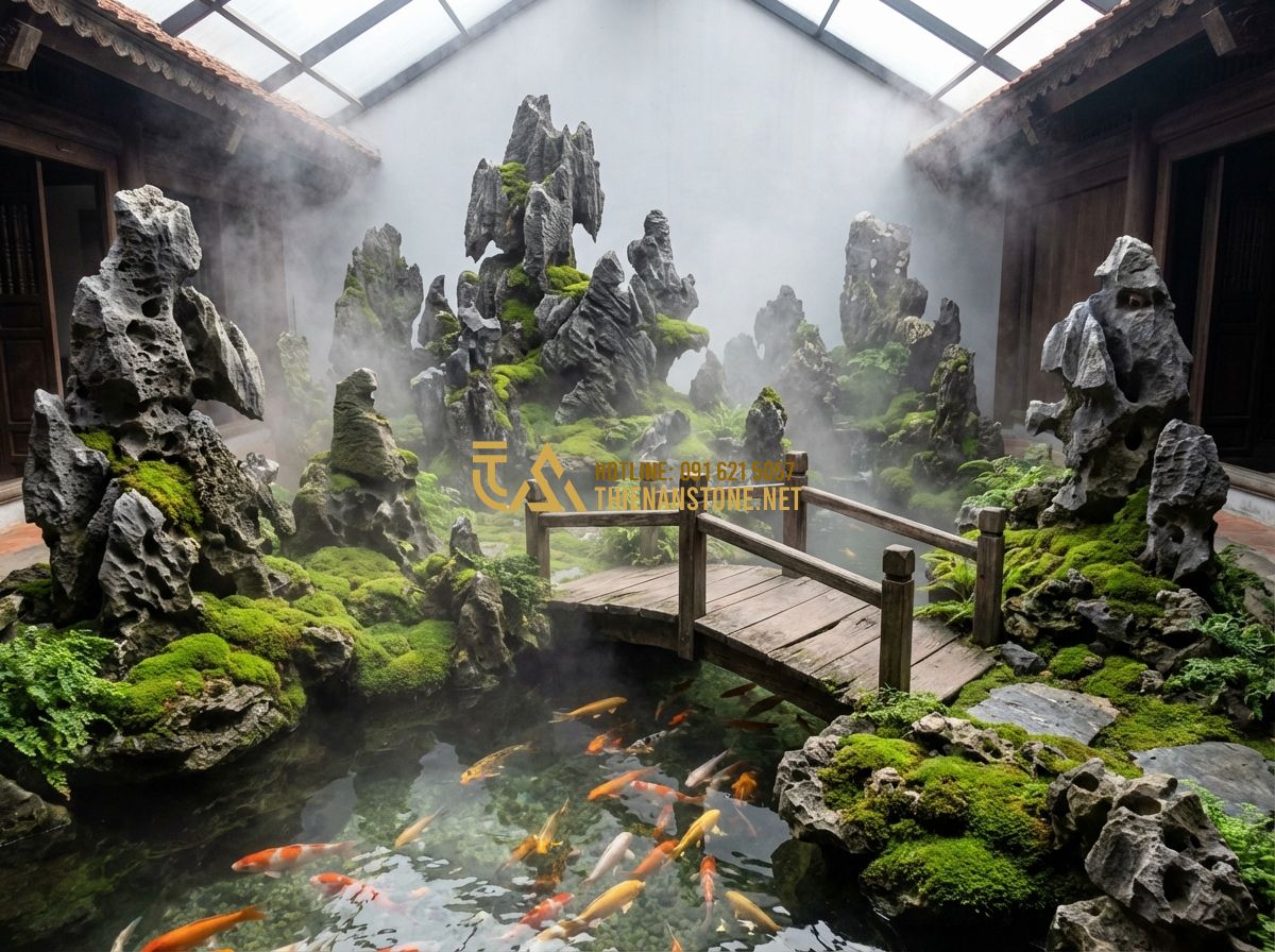 Top Mẫu Hòn Non Bộ Đẹp Nhất Việt Nam Cho Sân Vườn Và Trong Nhà - Tạo ảnh tiếng Anh: A high-angle view of a majestic indoor rockery garden with mi