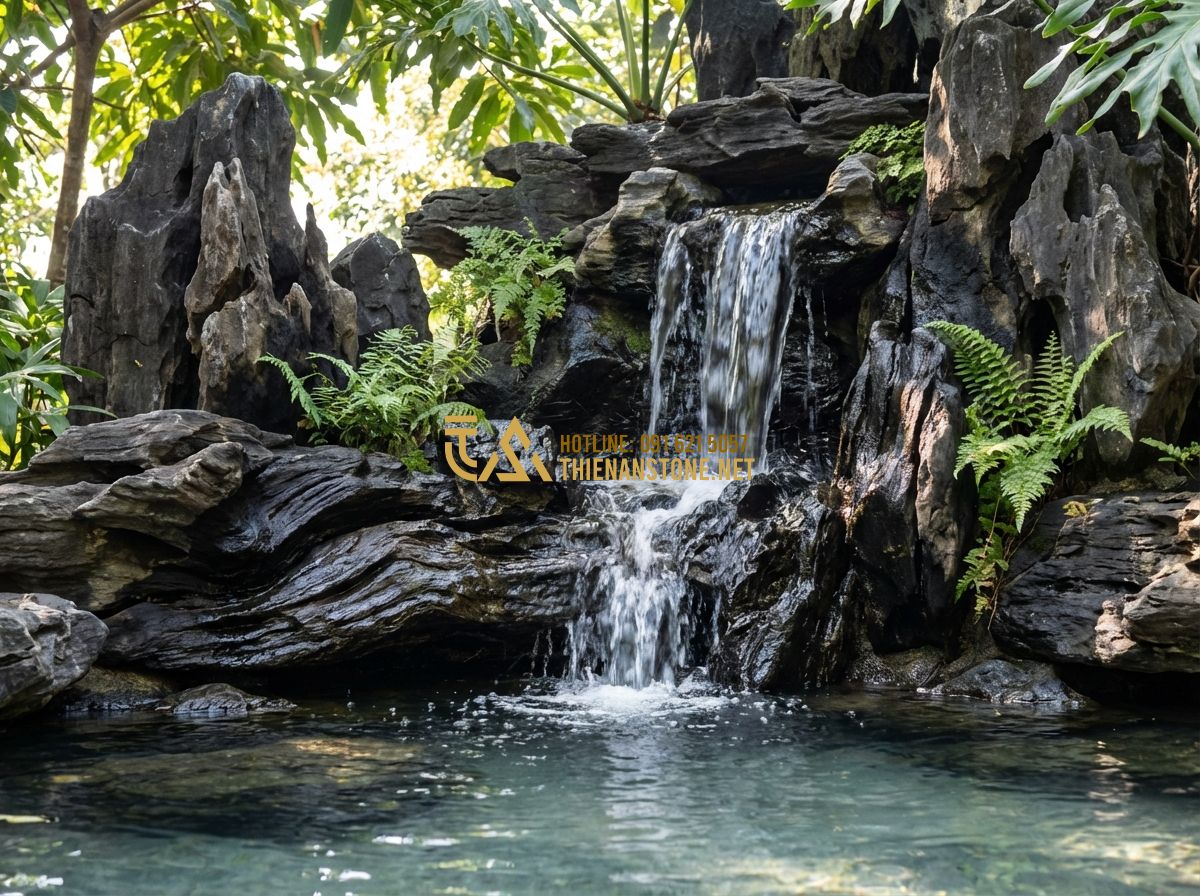 Top Mẫu Hòn Non Bộ Đẹp Nhất Việt Nam Cho Sân Vườn Và Trong Nhà - Tạo ảnh tiếng Anh: Close-up of a waterfall on a rockery, water cascading over da