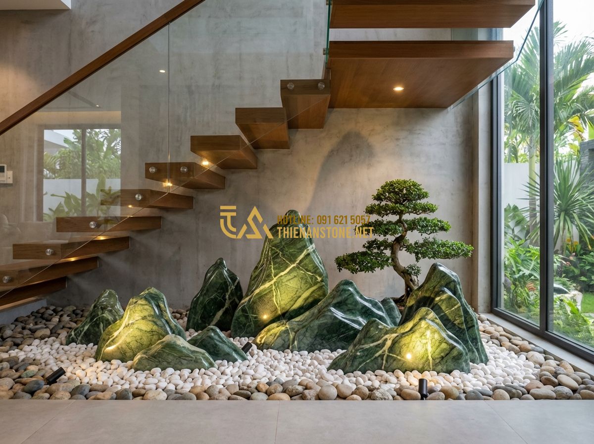 Top Mẫu Hòn Non Bộ Đẹp Nhất Việt Nam Cho Sân Vườn Và Trong Nhà - Tạo ảnh tiếng Anh: A modern indoor under-stairs rockery garden with minimalist d