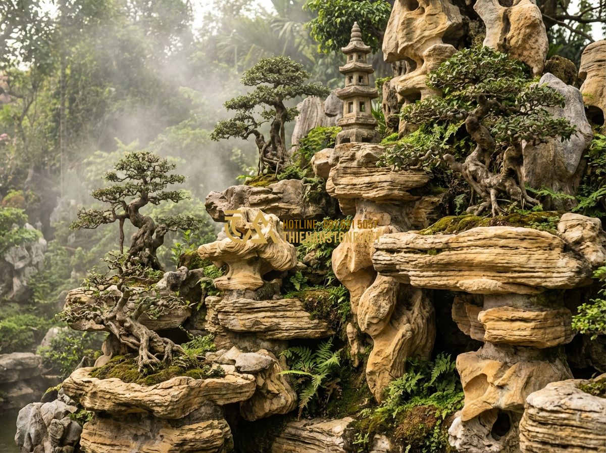 Top Mẫu Hòn Non Bộ Đẹp Nhất Việt Nam Cho Sân Vườn Và Trong Nhà - Tạo ảnh tiếng Anh: An ancient-looking rockery made of Co Thach stone with golden