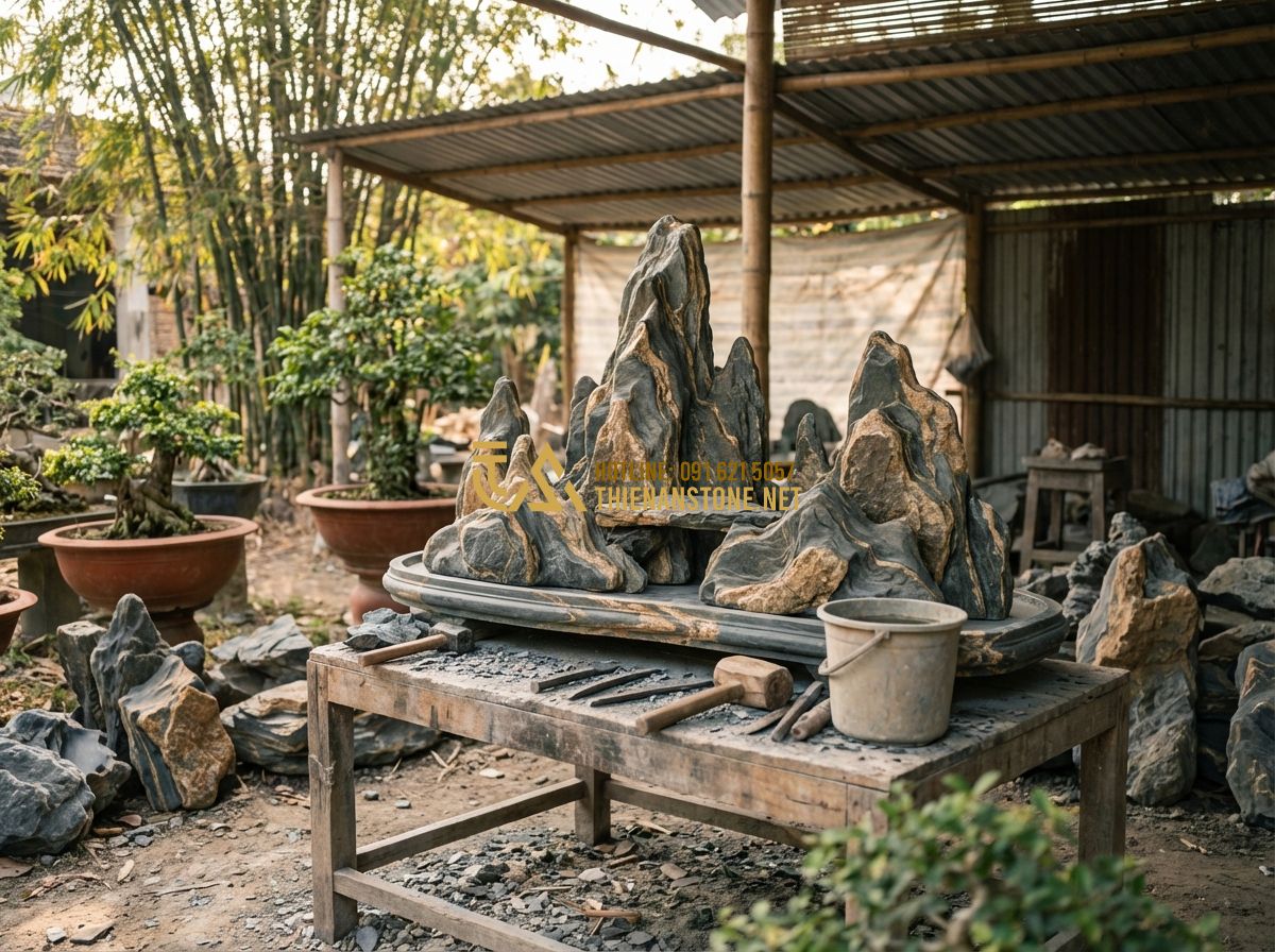 Top Mẫu Hòn Non Bộ Đẹp Nhất Việt Nam Cho Sân Vườn Và Trong Nhà - Tạo ảnh tiếng Anh: A skilled craftsman working on a large rockery project in an