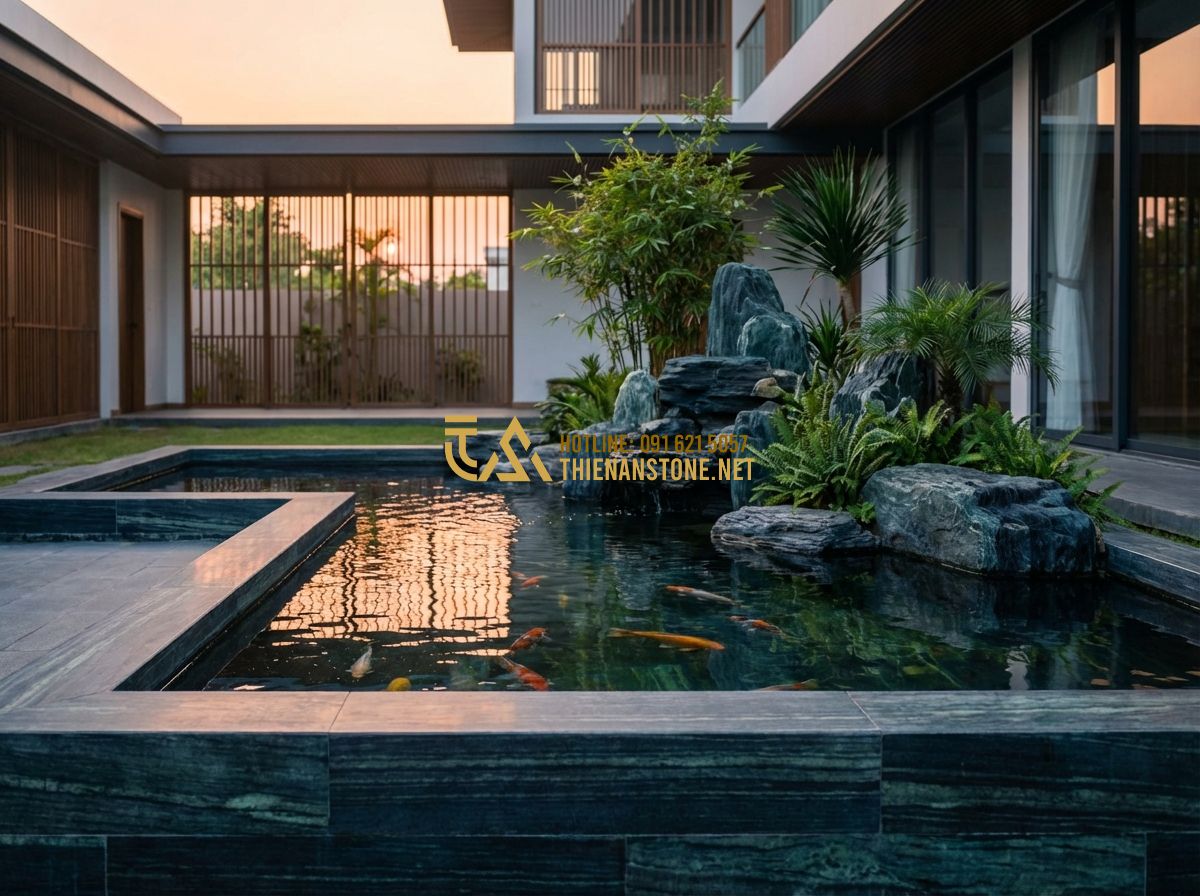 Top Mẫu Hòn Non Bộ Đẹp Nhất Việt Nam Cho Sân Vườn Và Trong Nhà - Tạo ảnh tiếng Anh: A contemporary outdoor courtyard featuring a minimalist rocke