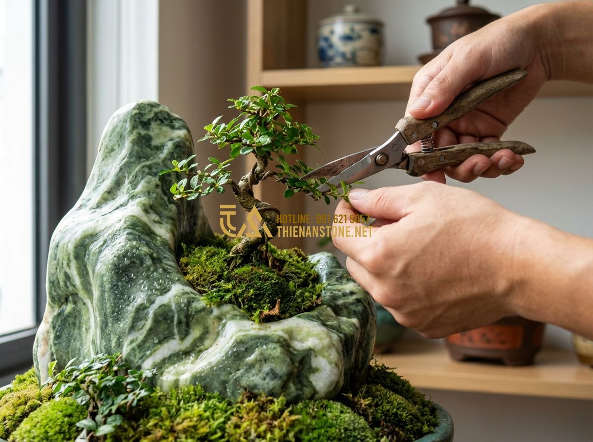 Top Mẫu Hòn Non Bộ Đẹp Nhất Việt Nam Cho Sân Vườn Và Trong Nhà - Tạo ảnh tiếng Anh: A person gently pruning a small bonsai tree on a beautiful in