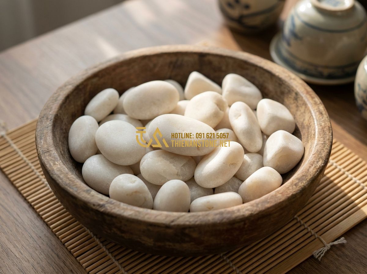 Top Ứng Dụng Sỏi Quay Trong Trang Trí Nội Ngoại Thất Hot Trend Hiện Nay - Tạo ảnh tiếng Anh: A high-quality close-up shot of various sizes of tumbled ston