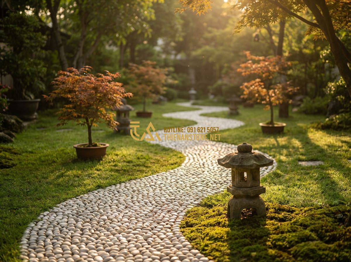 Top Ứng Dụng Sỏi Quay Trong Trang Trí Nội Ngoại Thất Hot Trend Hiện Nay - Tạo ảnh tiếng Anh: A beautiful garden path made of white and grey tumbled stones