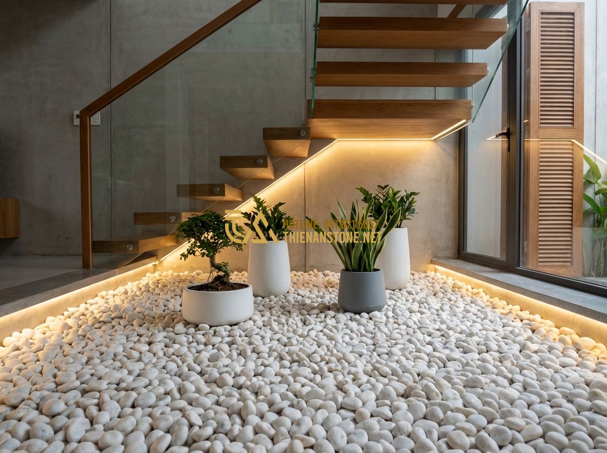Top Ứng Dụng Sỏi Quay Trong Trang Trí Nội Ngoại Thất Hot Trend Hiện Nay - Tạo ảnh tiếng Anh: Modern interior design showing a dry garden under a staircase