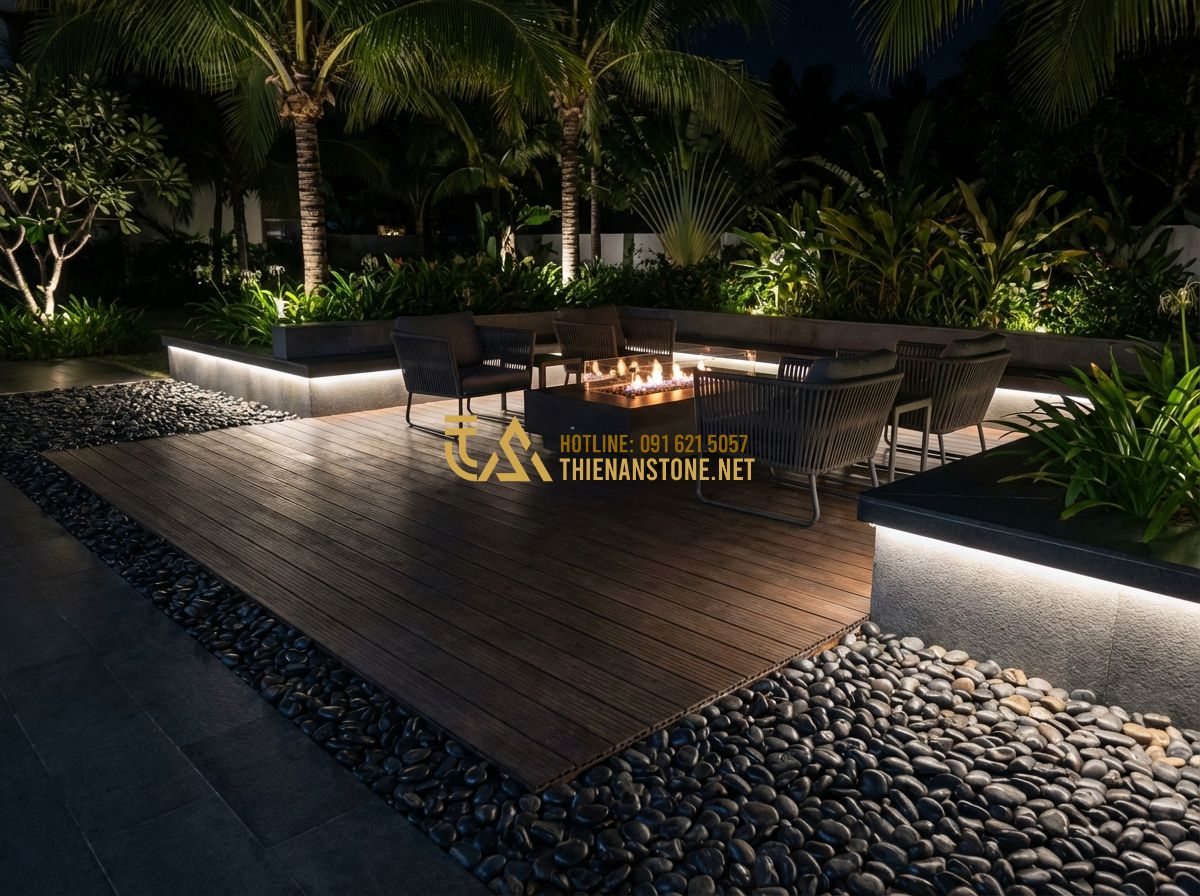 Top Ứng Dụng Sỏi Quay Trong Trang Trí Nội Ngoại Thất Hot Trend Hiện Nay - Tạo ảnh tiếng Anh: A high-end outdoor patio design using dark grey and black tum