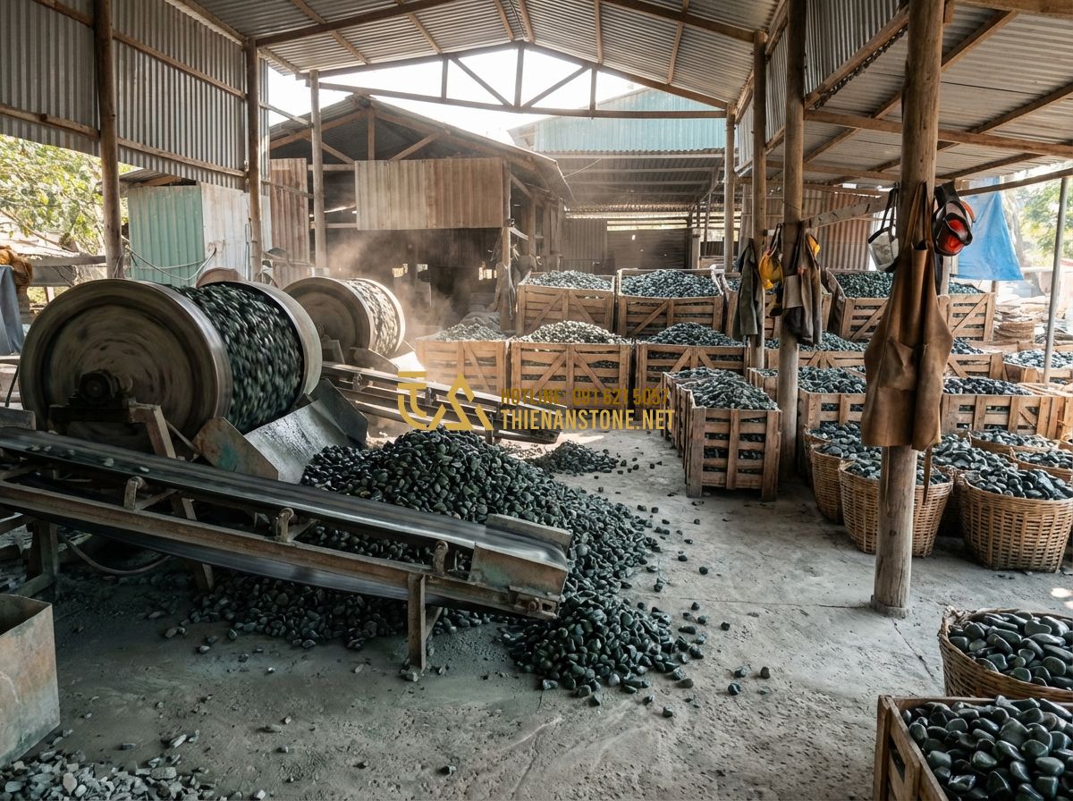 Top Ứng Dụng Sỏi Quay Trong Trang Trí Nội Ngoại Thất Hot Trend Hiện Nay - Tạo ảnh tiếng Anh: A wide shot of a professional stone masonry workshop. Craftsm