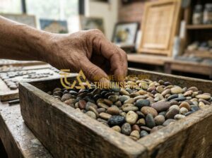 Tranh đá cuội handmade: Quà tặng gia đình và thầy cô 20/11 đầy ý nghĩa - Tạo ảnh tiếng Anh: A professional close-up shot of an artisan's hand carefully s