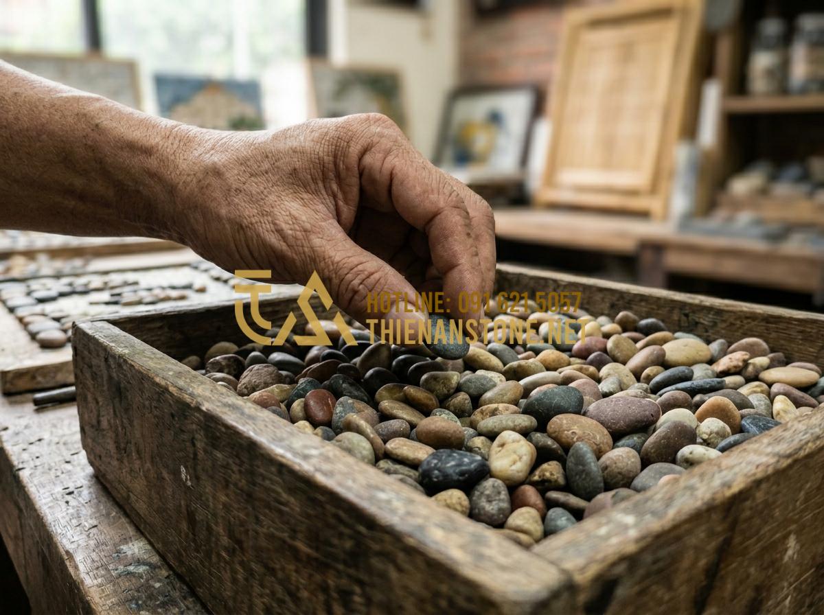 Tranh đá cuội handmade: Quà tặng gia đình và thầy cô 20/11 đầy ý nghĩa - Tạo ảnh tiếng Anh: A professional close-up shot of an artisan's hand carefully s