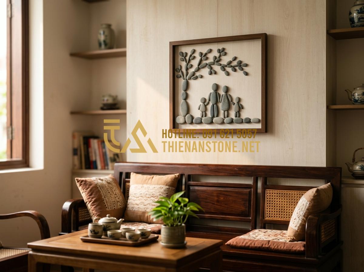 Tranh đá cuội handmade: Quà tặng gia đình và thầy cô 20/11 đầy ý nghĩa - Tạo ảnh tiếng Anh: A heartwarming interior scene of a cozy living room. On the c