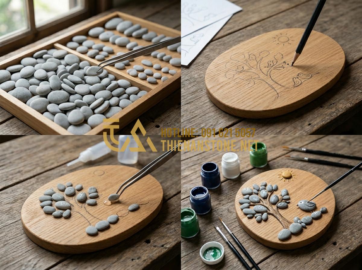 Tranh đá cuội handmade: Quà tặng gia đình và thầy cô 20/11 đầy ý nghĩa - Tạo ảnh tiếng Anh: A detailed step-by-step montage of creating pebble art. First