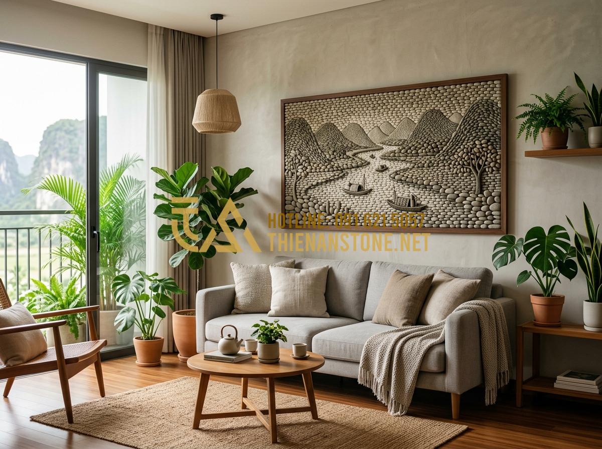 Tranh đá cuội handmade: Quà tặng gia đình và thầy cô 20/11 đầy ý nghĩa - Tạo ảnh tiếng Anh: A stylish modern living room interior. Above a light gray fab