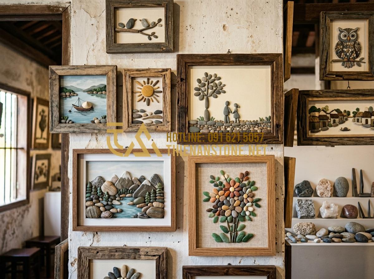 Tranh đá cuội handmade: Quà tặng gia đình và thầy cô 20/11 đầy ý nghĩa - Tạo ảnh tiếng Anh: A collection of different pebble art styles displayed on a ga