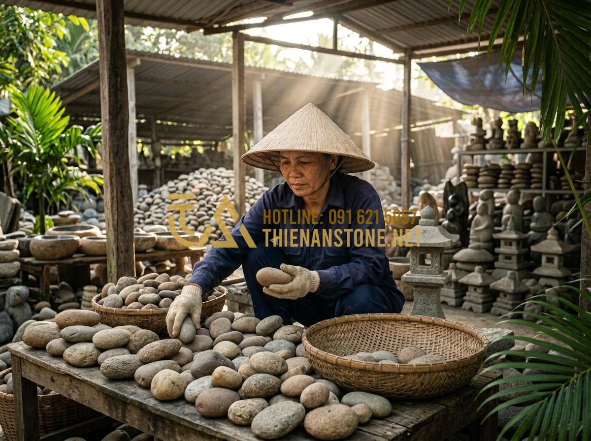 Tranh đá cuội mầm non: Ý tưởng sáng tạo sỏi đá cho không gian giáo dục - Tạo ảnh tiếng Anh: A professional worker at Thien An Stone workshop carefully se