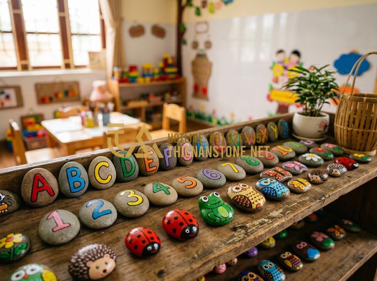 Tranh đá cuội mầm non: Ý tưởng sáng tạo sỏi đá cho không gian giáo dục - Tạo ảnh tiếng Anh: A creative layout of various painted stones on a classroom sh
