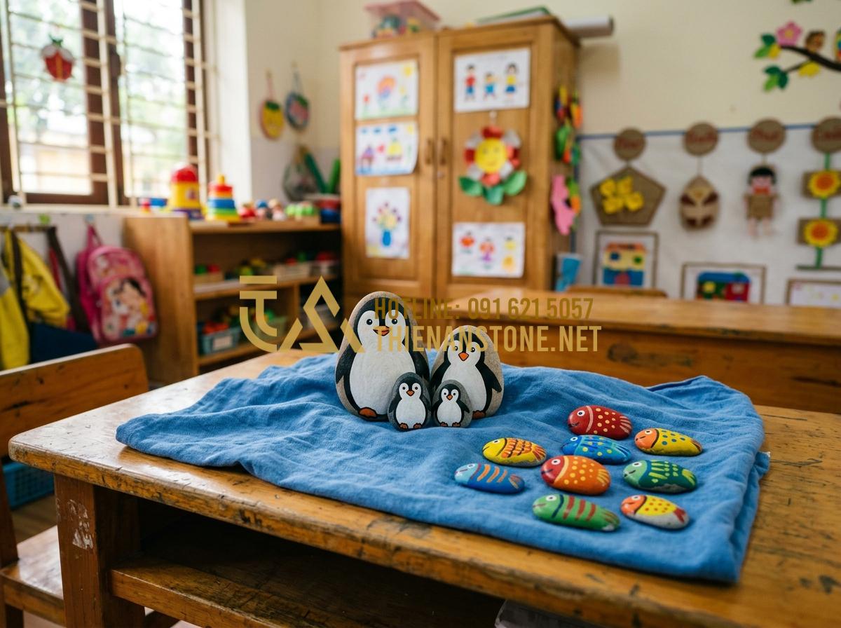 Tranh đá cuội mầm non: Ý tưởng sáng tạo sỏi đá cho không gian giáo dục - Tạo ảnh tiếng Anh: A collection of stones painted to look like a family of pengu