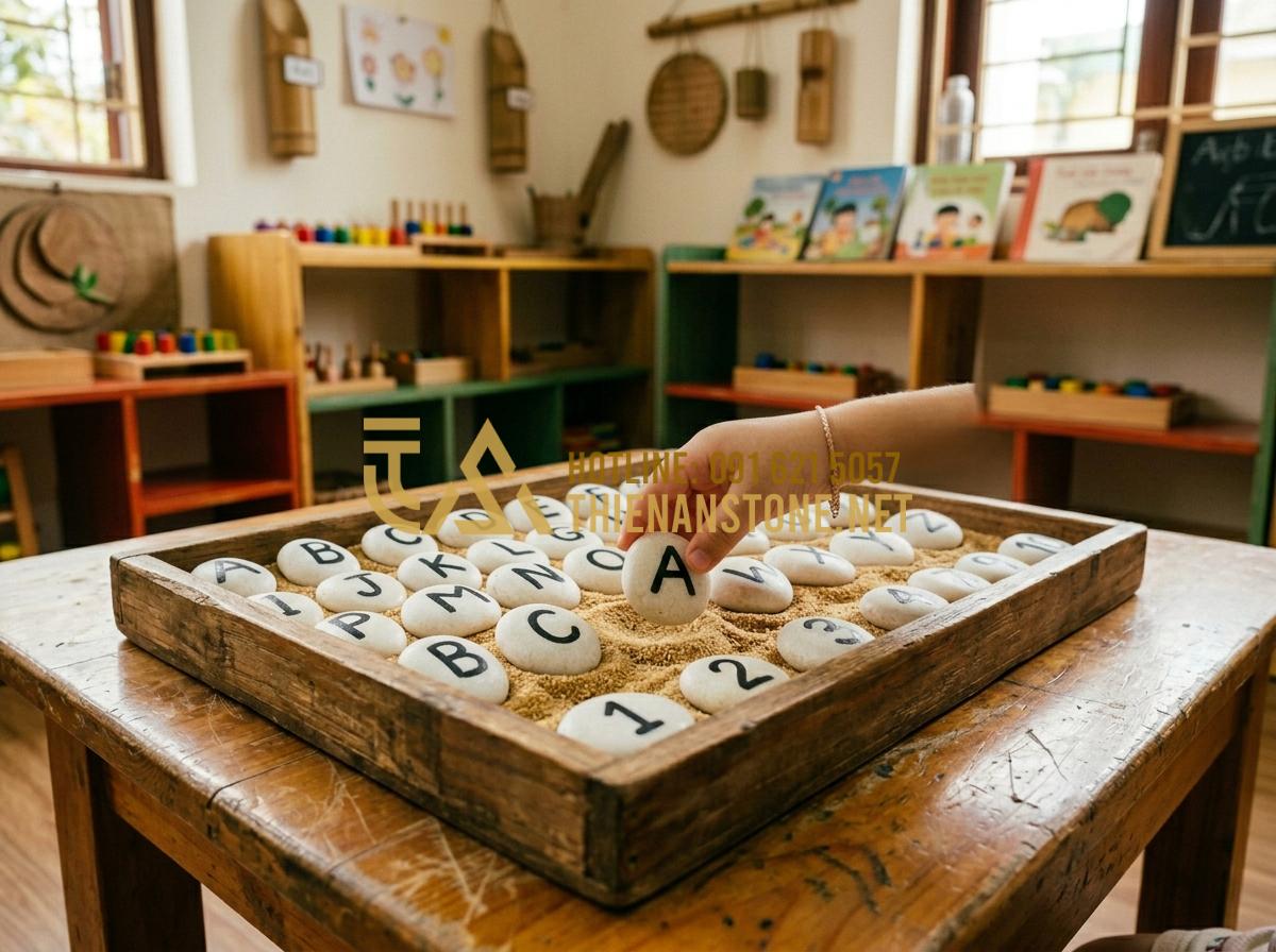 Tranh đá cuội mầm non: Ý tưởng sáng tạo sỏi đá cho không gian giáo dục - Tạo ảnh tiếng Anh: An educational corner in a preschool with smooth white stones
