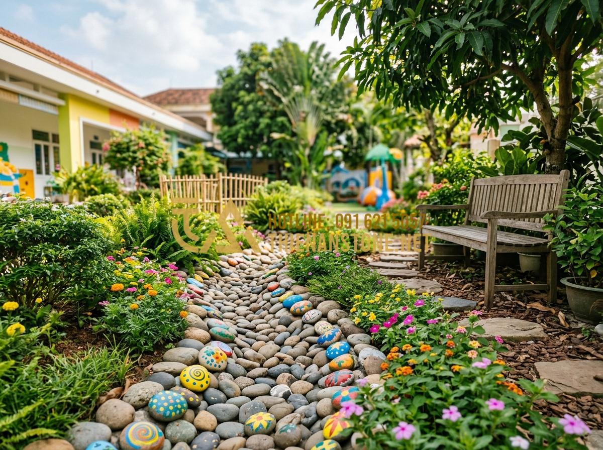 Tranh đá cuội mầm non: Ý tưởng sáng tạo sỏi đá cho không gian giáo dục - Tạo ảnh tiếng Anh: A beautiful outdoor landscaping in a kindergarten. A small dr