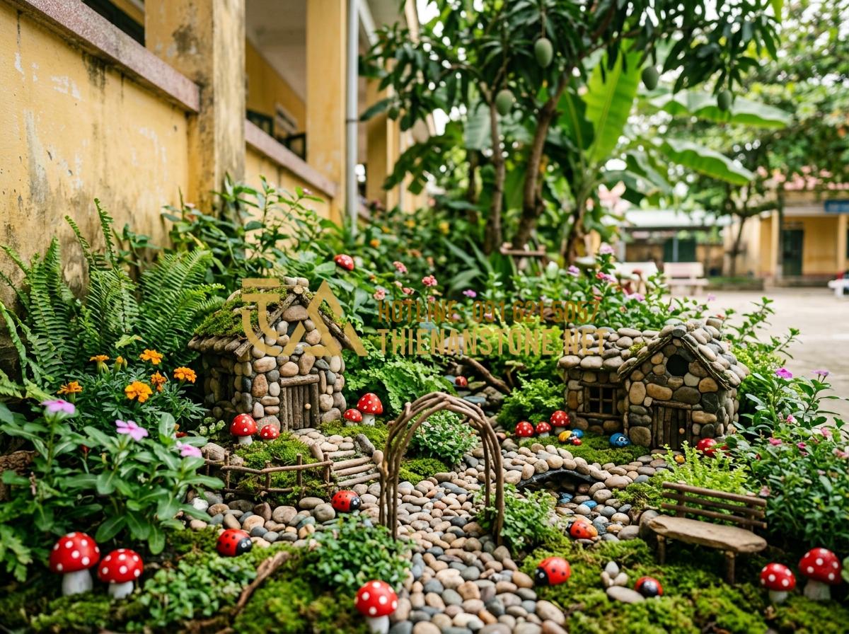 Tranh đá cuội mầm non: Ý tưởng sáng tạo sỏi đá cho không gian giáo dục - Tạo ảnh tiếng Anh: A whimsical fairy garden corner in a school yard. Miniature s