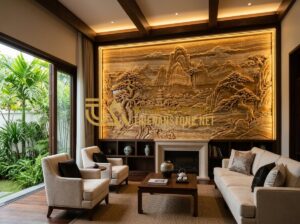 Tranh đá điêu khắc thủ công: Tinh hoa mỹ nghệ từ những phiến đá nguyên khối - Tạo ảnh tiếng Anh: A sophisticated living room in a luxury villa featuring a lar