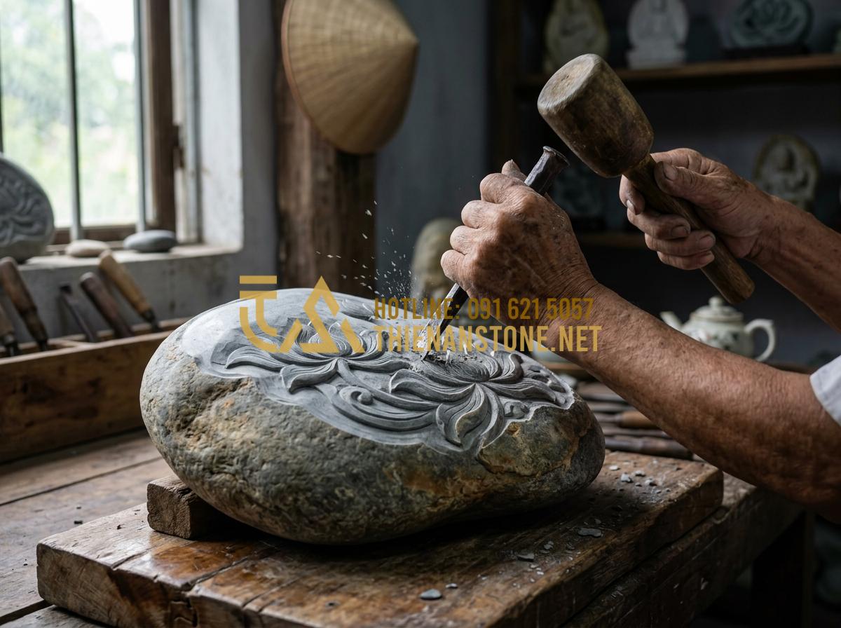 Tranh đá điêu khắc thủ công: Tinh hoa mỹ nghệ từ những phiến đá nguyên khối - Tạo ảnh tiếng Anh: Close-up of a craftsman's hands using a traditional chisel an