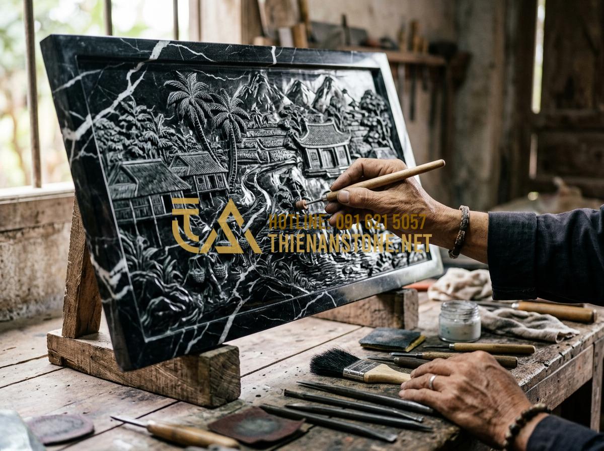 Tranh đá điêu khắc thủ công: Tinh hoa mỹ nghệ từ những phiến đá nguyên khối - Tạo ảnh tiếng Anh: Detailed shot of an artisan using fine tools to polish the su