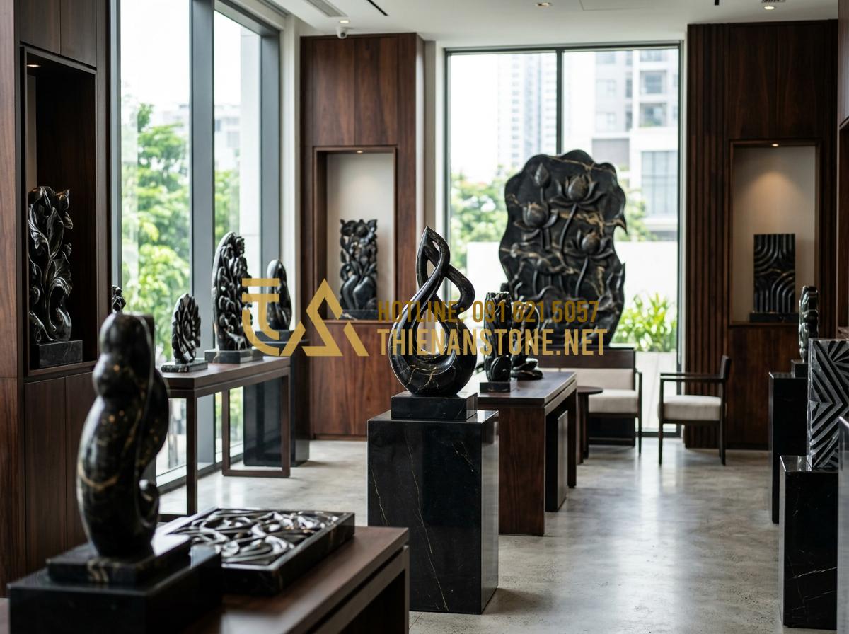 Tranh đá điêu khắc thủ công: Tinh hoa mỹ nghệ từ những phiến đá nguyên khối - Tạo ảnh tiếng Anh: A collection of high-end marble stone carvings in a luxury sh