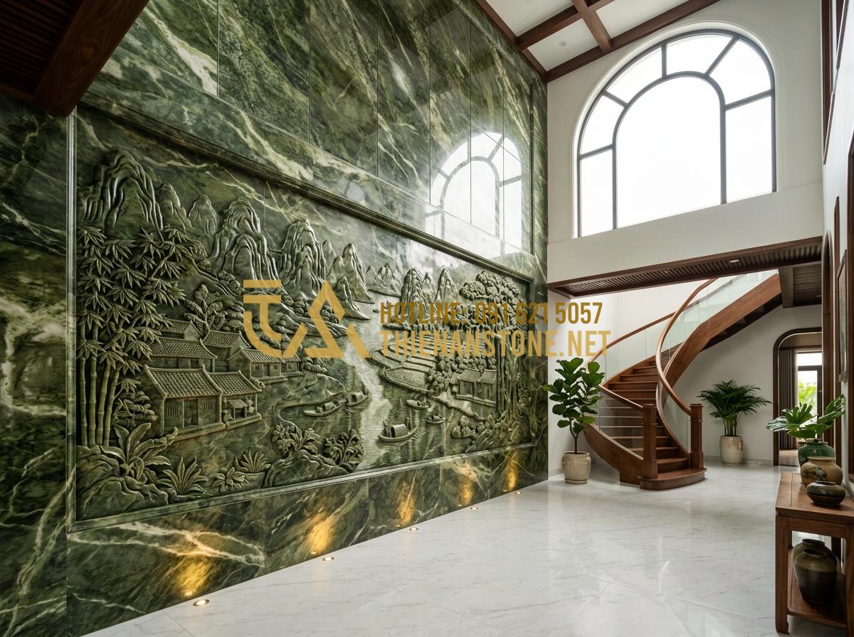 Tranh đá điêu khắc thủ công: Tinh hoa mỹ nghệ từ những phiến đá nguyên khối - Tạo ảnh tiếng Anh: A wide shot of a luxury villa entrance hall with a double-hei