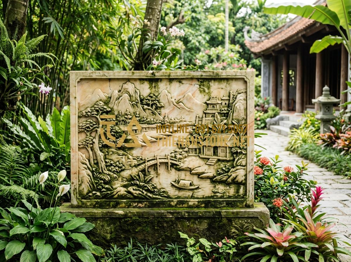 Tranh đá điêu khắc thủ công: Tinh hoa mỹ nghệ từ những phiến đá nguyên khối - Tạo ảnh tiếng Anh: A high-quality stone relief panel displayed in a garden setti