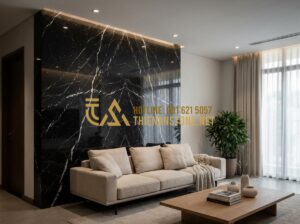 Tranh đá đối xứng Marble & Granite: Vẻ đẹp đối bản độc bản từ thiên nhiên - Tạo ảnh tiếng Anh: A high-end luxury living room featuring a massive book-matche