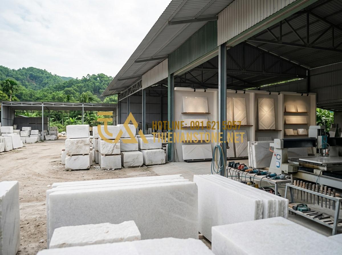 Tranh đá đối xứng Marble & Granite: Vẻ đẹp đối bản độc bản từ thiên nhiên - Tạo ảnh tiếng Anh: Wide shot of the Xưởng Đá Mỹ Nghệ Thiên An factory. Large blo