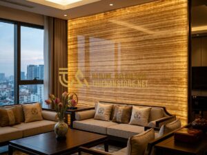 Tranh đá tự nhiên xuyên sáng Onyx: Đỉnh cao nghệ thuật ánh sáng kiến trúc - Tạo ảnh tiếng Anh: A luxury modern living room featuring a massive, backlit natu