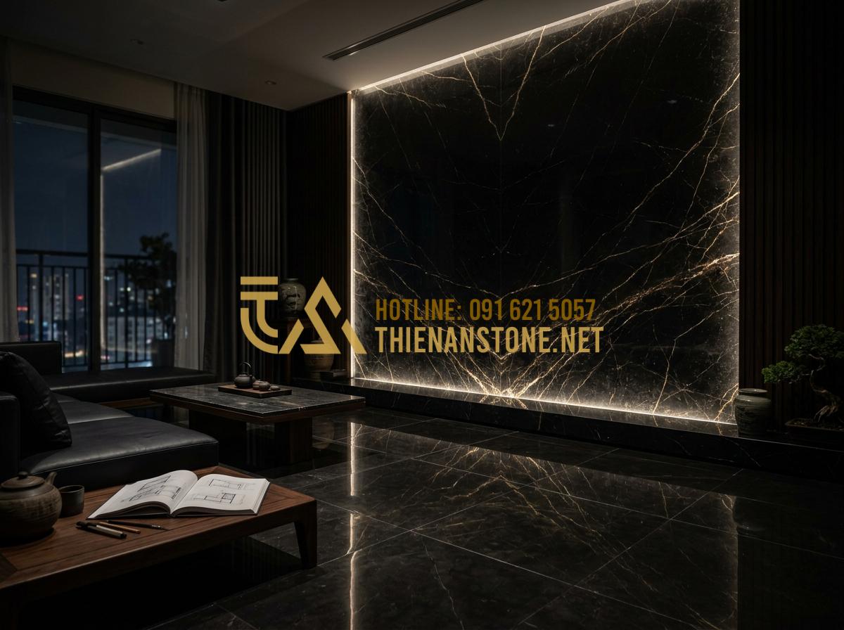 Tranh đá tự nhiên xuyên sáng Onyx: Đỉnh cao nghệ thuật ánh sáng kiến trúc - Hình 5 Tranh đá tự nhiên xuyên sáng Onyx: Đỉnh cao nghệ thuật ánh sáng kiến trúc - Tạo ảnh tiếng Anh: An architect standing in a dimly lit, elegant living room, lo