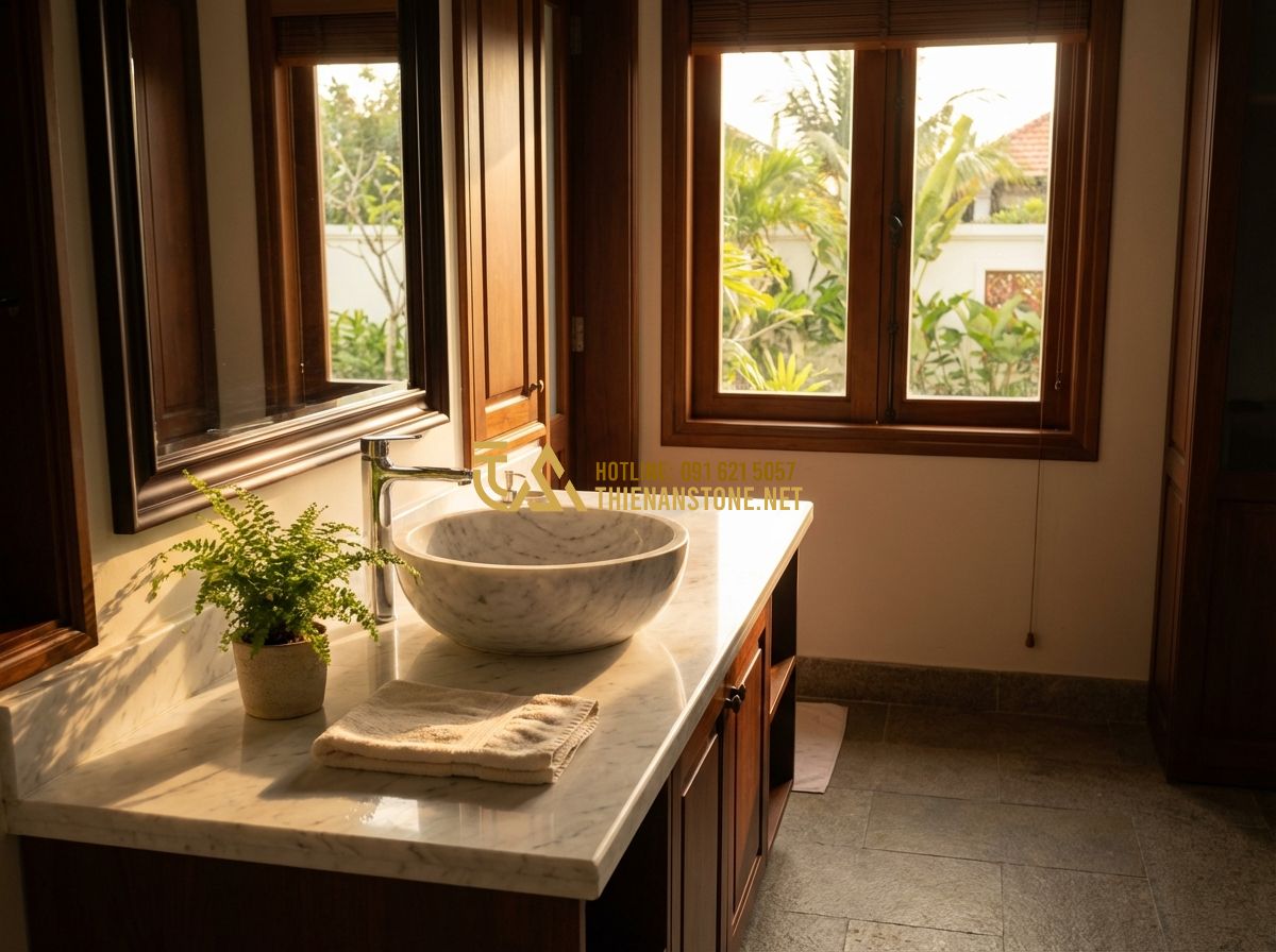 Tự Làm Lavabo Đá Cuội Thủ Công: Hướng Dẫn Chi Tiết Từ A Đến Z - Hình 12 Tự Làm Lavabo Đá Cuội Thủ Công: Hướng Dẫn Chi Tiết Từ A Đến Z - Tạo ảnh tiếng Anh: A warm, inviting final shot of a complete luxury bathroom set