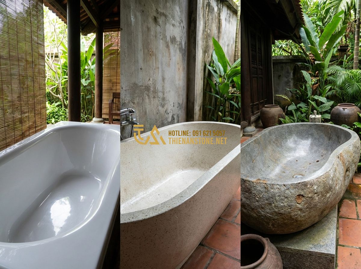 Ưu Nhược Điểm Bồn Tắm Đá Tự Nhiên So Với Bồn Tắm Acrylic & Composite - Hình 1 Ưu Nhược Điểm Bồn Tắm Đá Tự Nhiên So Với Bồn Tắm Acrylic & Composite - Tạo ảnh tiếng Anh: An artisan craftsman at Heavan Stone Workshop carefully polis