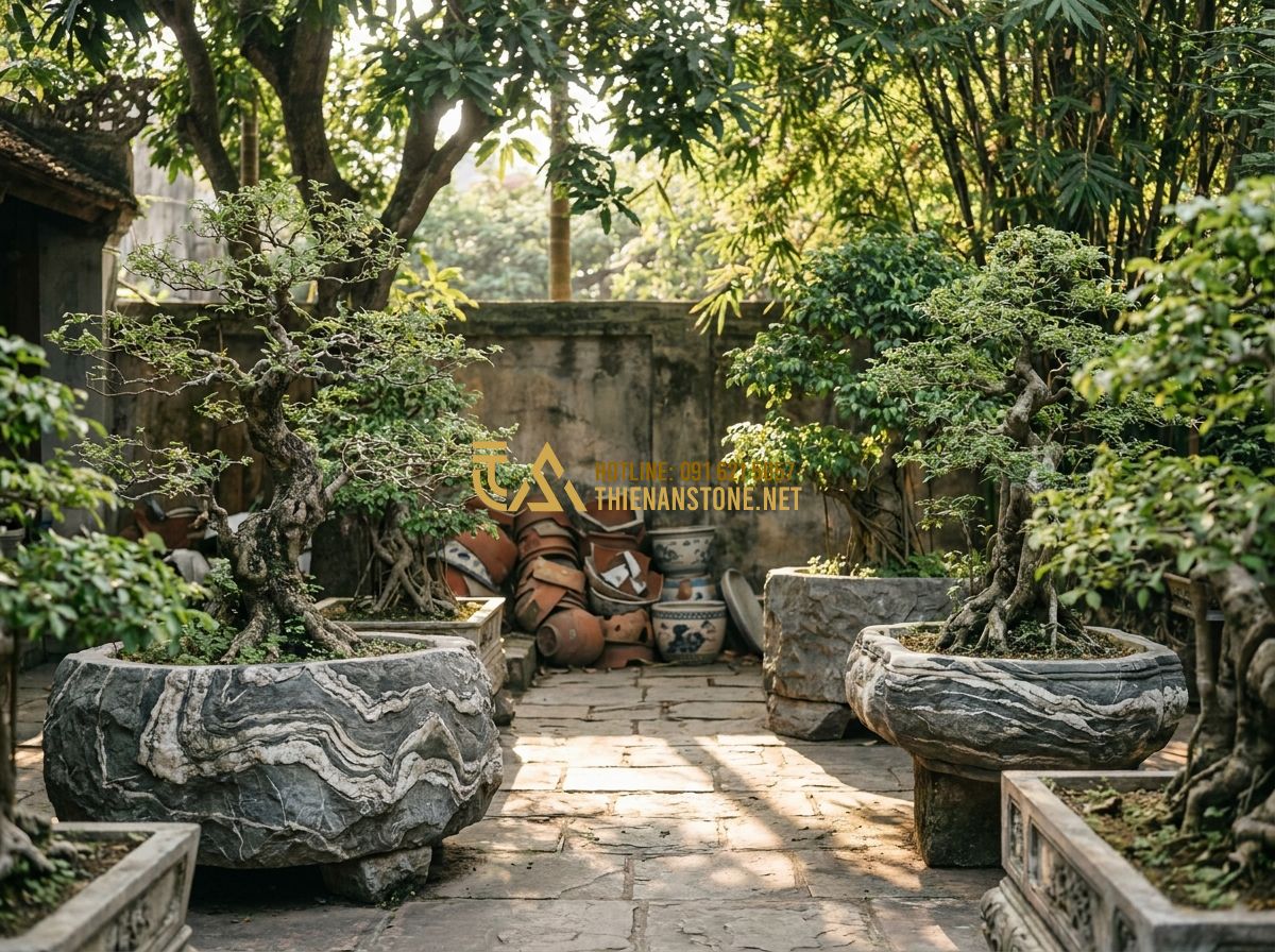 Ưu Nhược Điểm Chậu Đá Trồng Cây So Với Chậu Composite, Sứ, Gỗ & Xi Măng - Tạo ảnh tiếng Anh: An elderly Vietnamese man with a gentle smile, standing in a