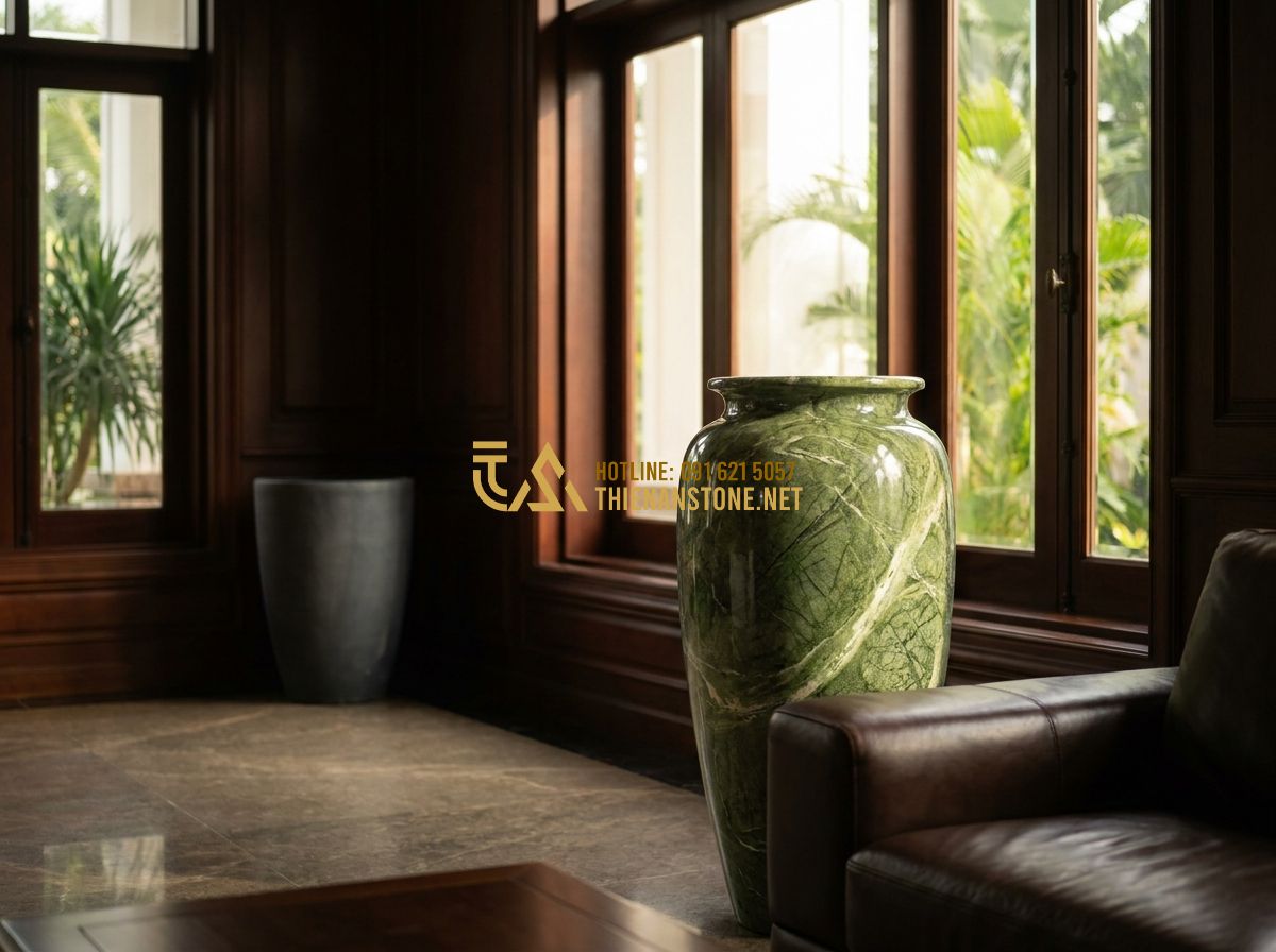 Ưu Nhược Điểm Chậu Đá Trồng Cây So Với Chậu Composite, Sứ, Gỗ & Xi Măng - Tạo ảnh tiếng Anh: Luxurious interior of a grand villa lobby. A tall, elegant na