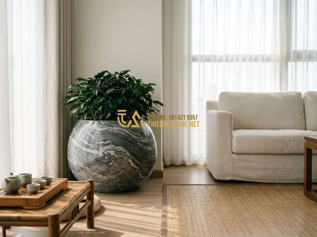 Ưu Nhược Điểm Chậu Đá Trồng Cây So Với Chậu Composite, Sứ, Gỗ & Xi Măng - Tạo ảnh tiếng Anh: A serene interior scene showing a Feng Shui consultation. A s