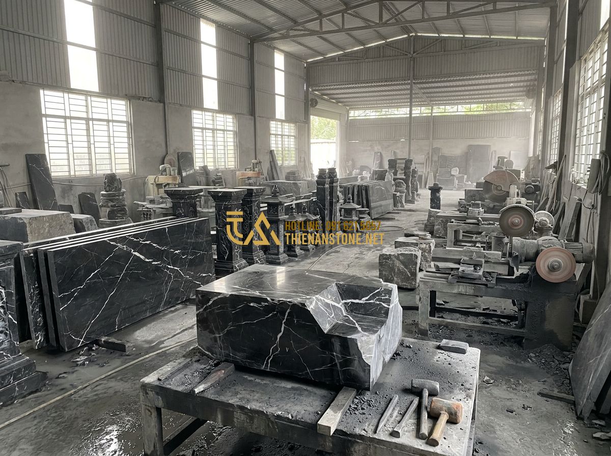 Ưu Nhược Điểm Con Tiện Đá So Với Con Tiện Sắt Gỗ Bê Tông: Nên Chọn Loại Nào? - Hình 10 Ưu Nhược Điểm Con Tiện Đá So Với Con Tiện Sắt Gỗ Bê Tông: Nên Chọn Loại Nào? - Tạo ảnh tiếng Anh: An expansive stone workshop (Thien An Stone) with rows of var