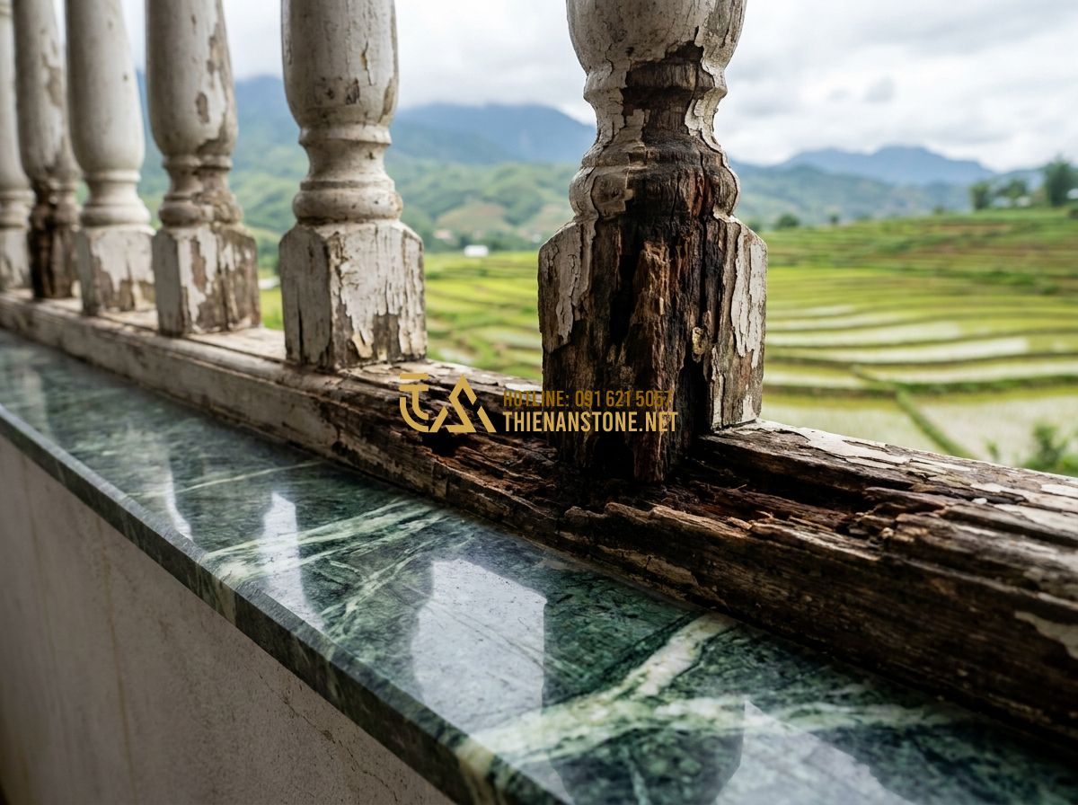 Ưu Nhược Điểm Con Tiện Đá So Với Con Tiện Sắt Gỗ Bê Tông: Nên Chọn Loại Nào? - Hình 5 Ưu Nhược Điểm Con Tiện Đá So Với Con Tiện Sắt Gỗ Bê Tông: Nên Chọn Loại Nào? - Tạo ảnh tiếng Anh: Old weathered wooden balusters showing signs of rot and peeli
