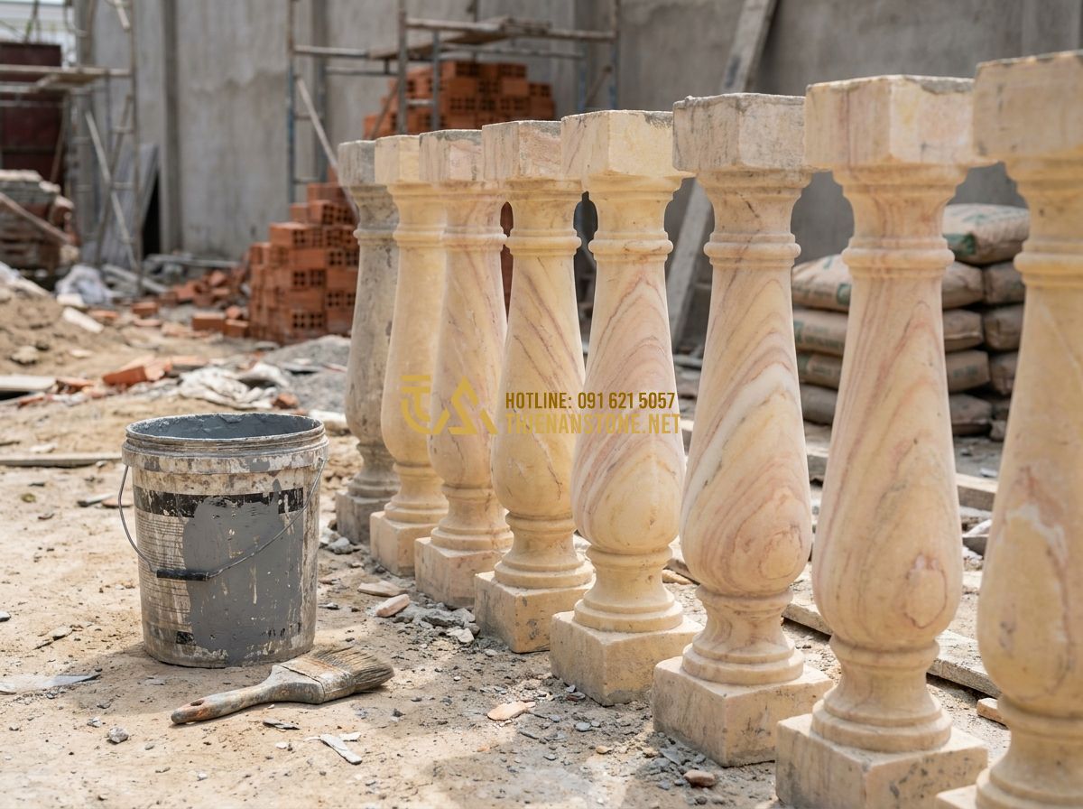 Ưu Nhược Điểm Con Tiện Đá So Với Con Tiện Sắt Gỗ Bê Tông: Nên Chọn Loại Nào? - Hình 6 Ưu Nhược Điểm Con Tiện Đá So Với Con Tiện Sắt Gỗ Bê Tông: Nên Chọn Loại Nào? - Tạo ảnh tiếng Anh: A row of concrete balusters on a construction site, looking p