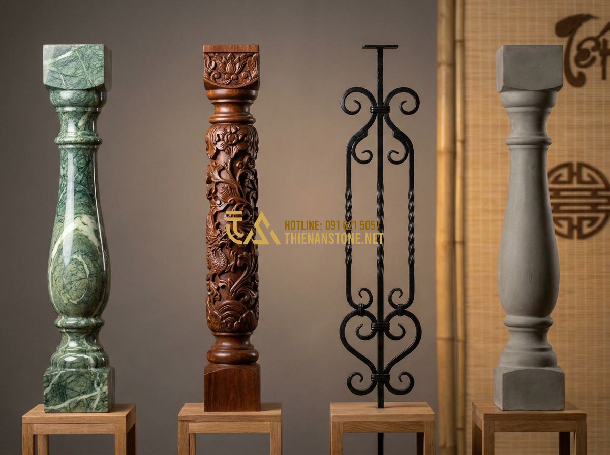 Ưu Nhược Điểm Con Tiện Đá So Với Con Tiện Sắt Gỗ Bê Tông: Nên Chọn Loại Nào? - Hình 7 Ưu Nhược Điểm Con Tiện Đá So Với Con Tiện Sắt Gỗ Bê Tông: Nên Chọn Loại Nào? - Tạo ảnh tiếng Anh: A side-by-side visual comparison of four types of balusters: