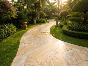 Ưu Nhược Điểm Của Đá Rối Tự Nhiên Khi Ốp Tường & Lát Sân Vườn - Tạo ảnh tiếng Anh: A wide shot of a luxury garden pathway using natural crazy cu