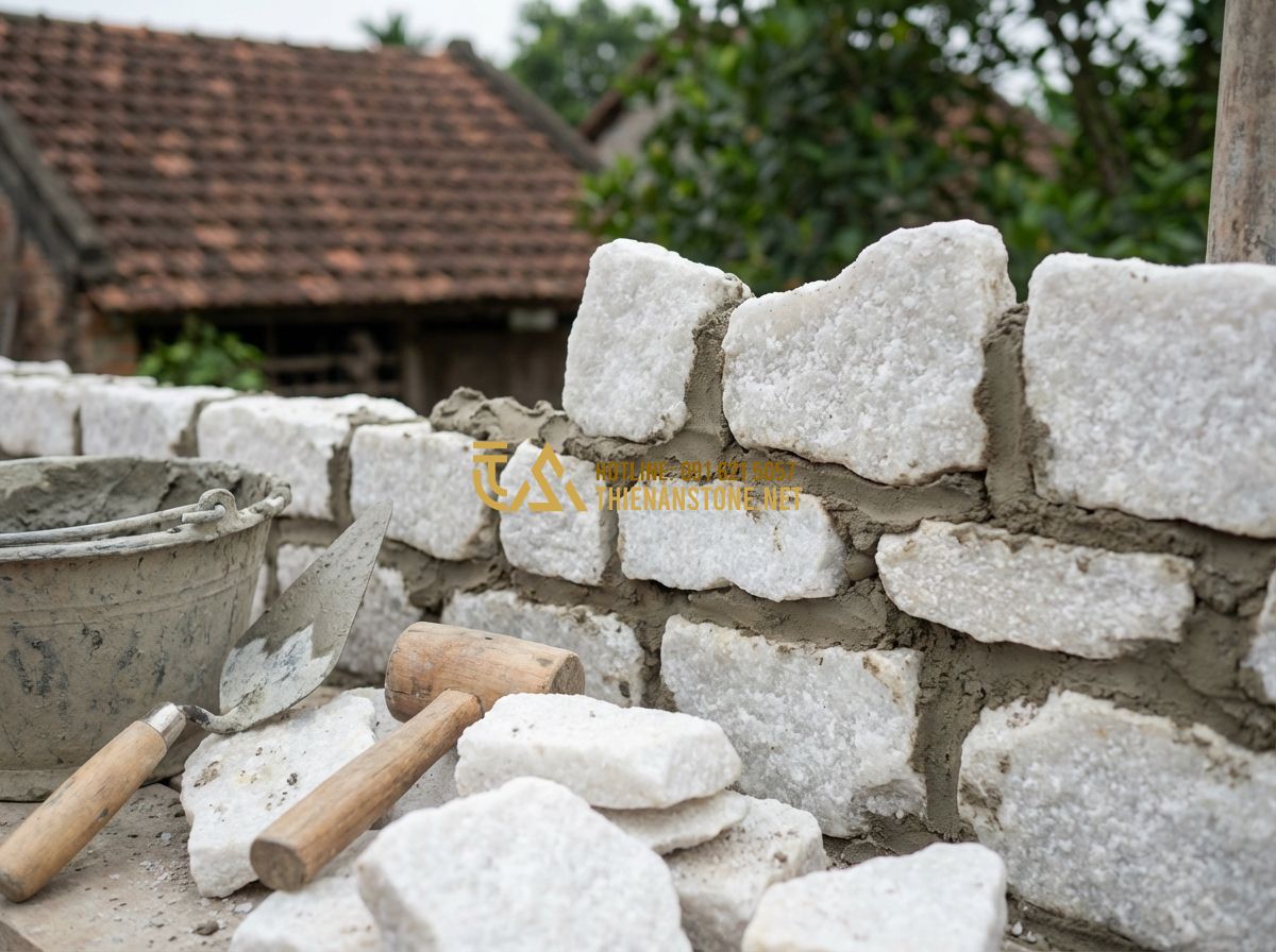 Ưu Nhược Điểm Đá Chẻ Tự Nhiên: Có Nên Ốp Tường, Lát Sân Hay Xây Móng Không? - Tạo ảnh tiếng Anh: [A professional mason carefully installing irregular natural