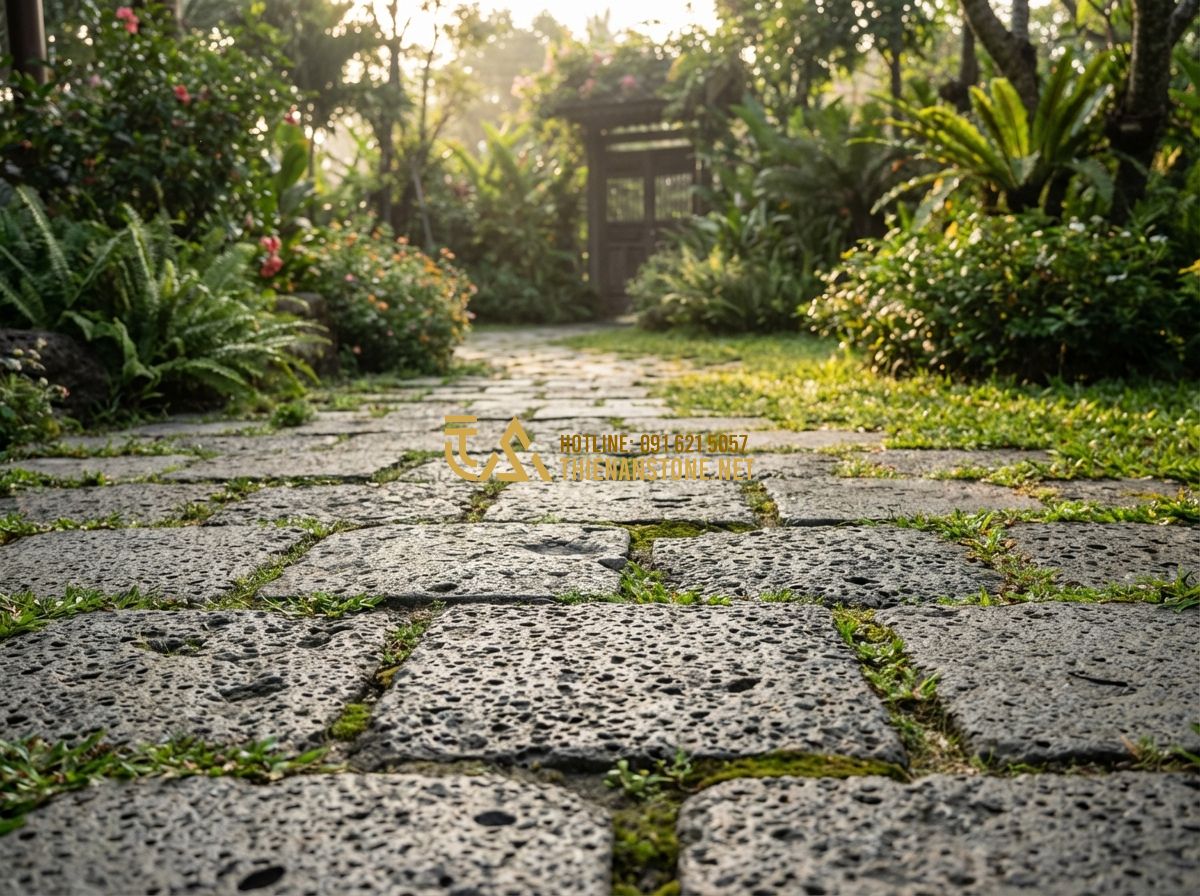 Ưu Nhược Điểm Đá Chẻ Tự Nhiên: Có Nên Ốp Tường, Lát Sân Hay Xây Móng Không? - Tạo ảnh tiếng Anh: [A beautiful garden pathway and driveway paved with rustic na