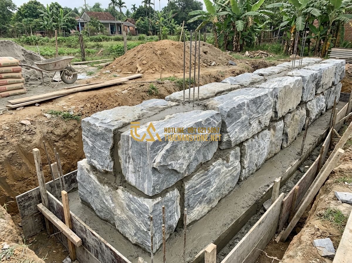Ưu Nhược Điểm Đá Chẻ Tự Nhiên: Có Nên Ốp Tường, Lát Sân Hay Xây Móng Không? - Tạo ảnh tiếng Anh: [A construction site showing a deep foundation being built wi