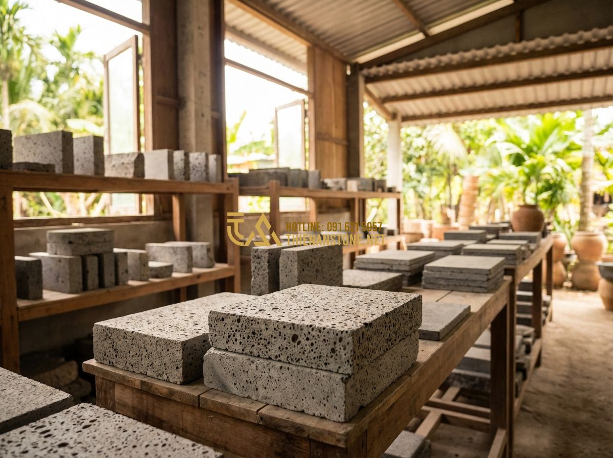 Ưu Nhược Điểm Đá Chẻ Tự Nhiên: Có Nên Ốp Tường, Lát Sân Hay Xây Móng Không? - Tạo ảnh tiếng Anh: [A warm and inviting stone workshop called Thien An Stone in