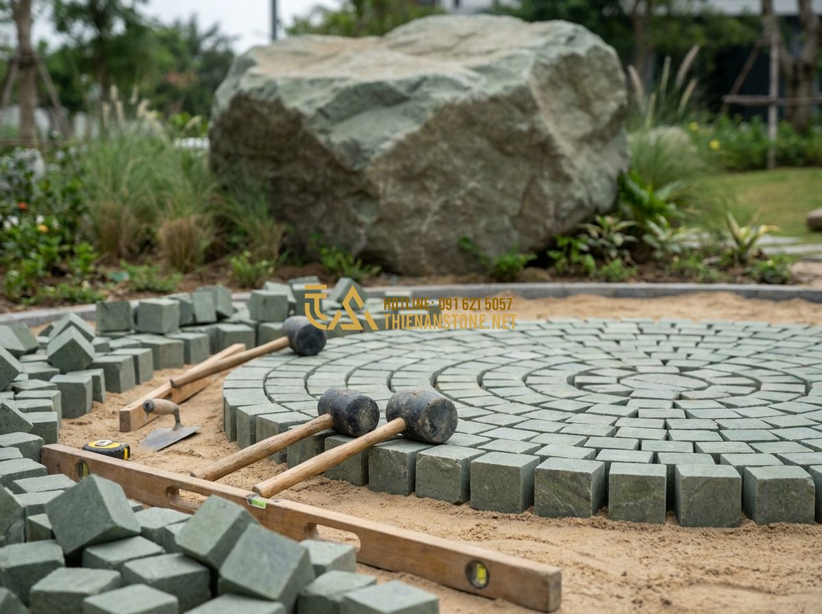 Ưu Nhược Điểm Đá Cubic Lát Sân: Có Nên Chọn Không? Lưu Ý Quan Trọng Khi Thi Công - Hình 3 Ưu Nhược Điểm Đá Cubic Lát Sân: Có Nên Chọn Không? Lưu Ý Quan Trọng Khi Thi Công - Tạo ảnh tiếng Anh: A construction site scene showing professional workers meticu